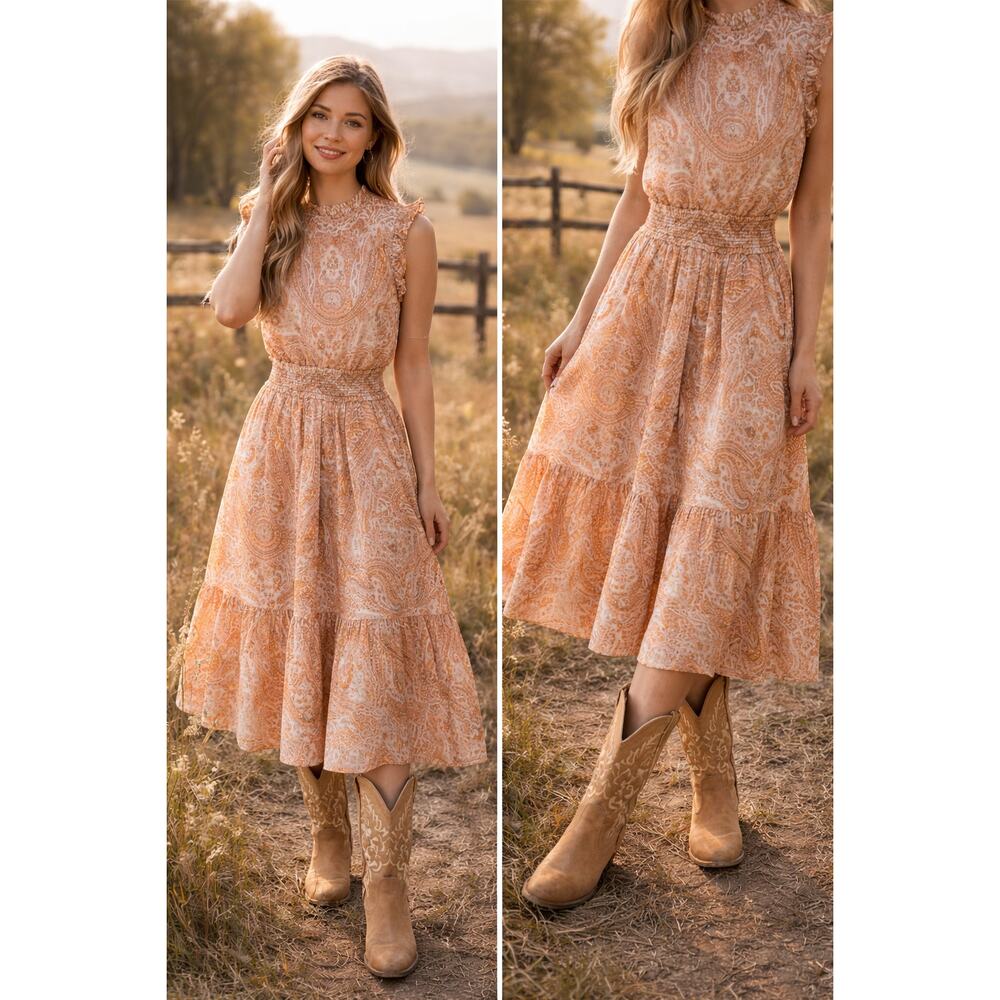 Good Hart Matilda Jane XS Peach Brown Paisley Boho Western Modest Dress Cotton